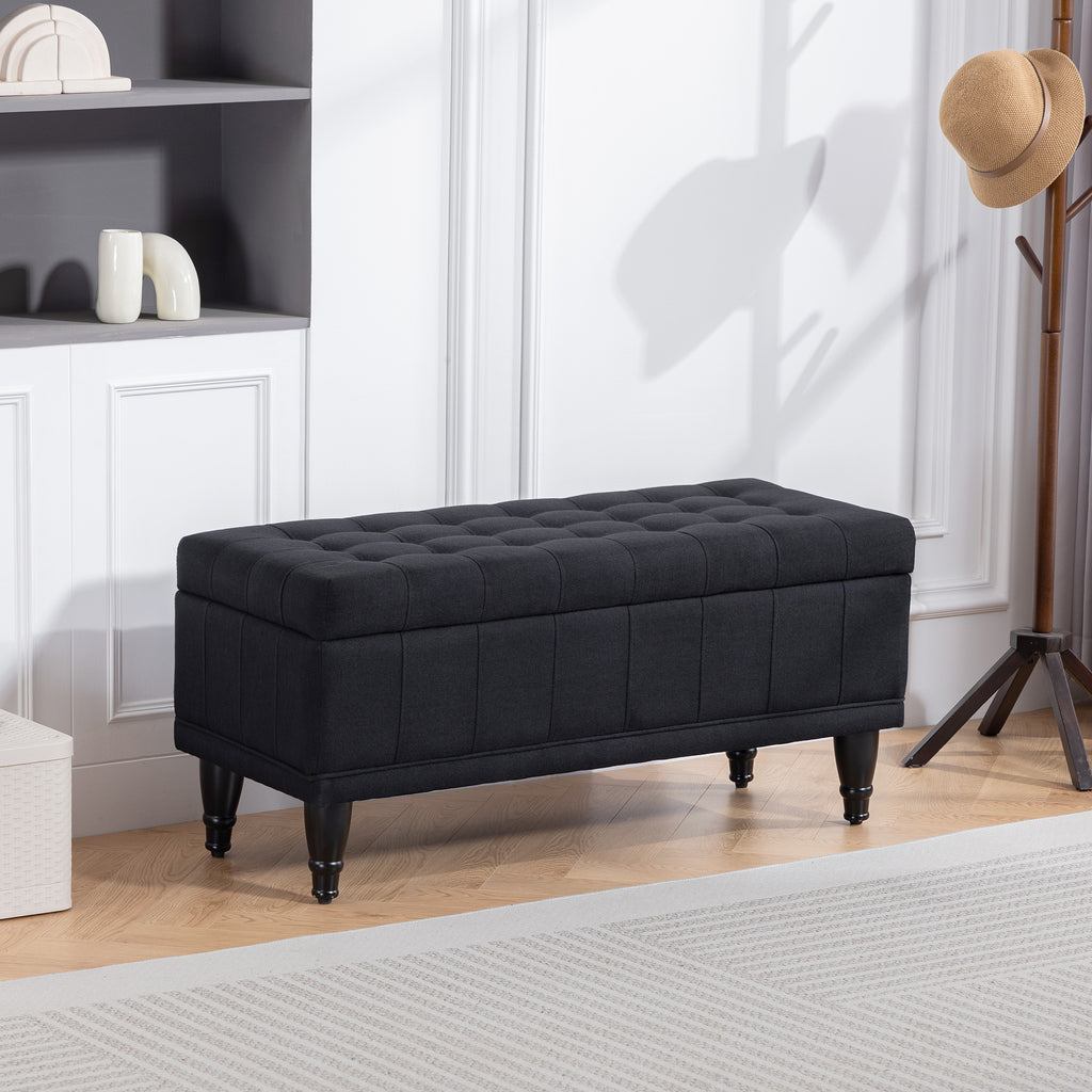 Storage Ottoman, Linen Fabric End of Bed Bench with Button Tufted Storage Bench for Bedroom, Blue