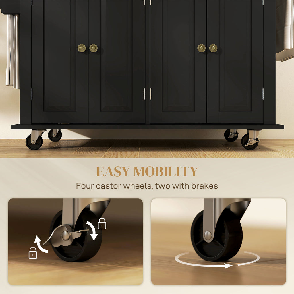 Rolling Kitchen Island with Rubber Wood Top and Storage, Spice Rack, Towel Rack, Black