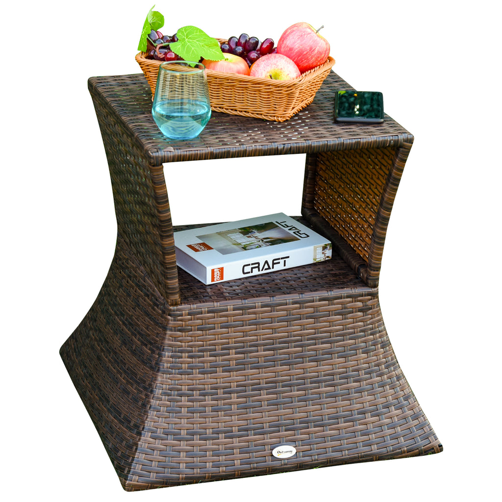 Rattan Wicker Side Table, 21.3" Square Outdoor End Table with Umbrella Hole 2-Tier Storage for Patio Garden Mixed Brown