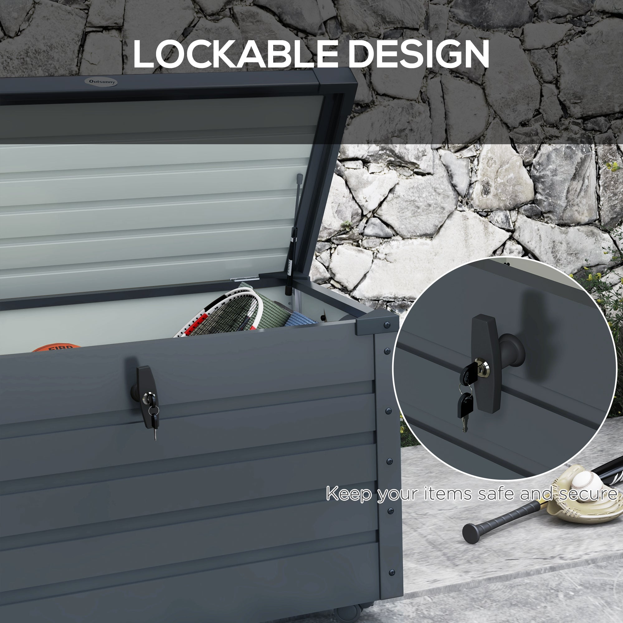 82 Gallon Garden Storage Box, Waterproof Outdoor Storage Container with Wheels and Handles, Dark Grey