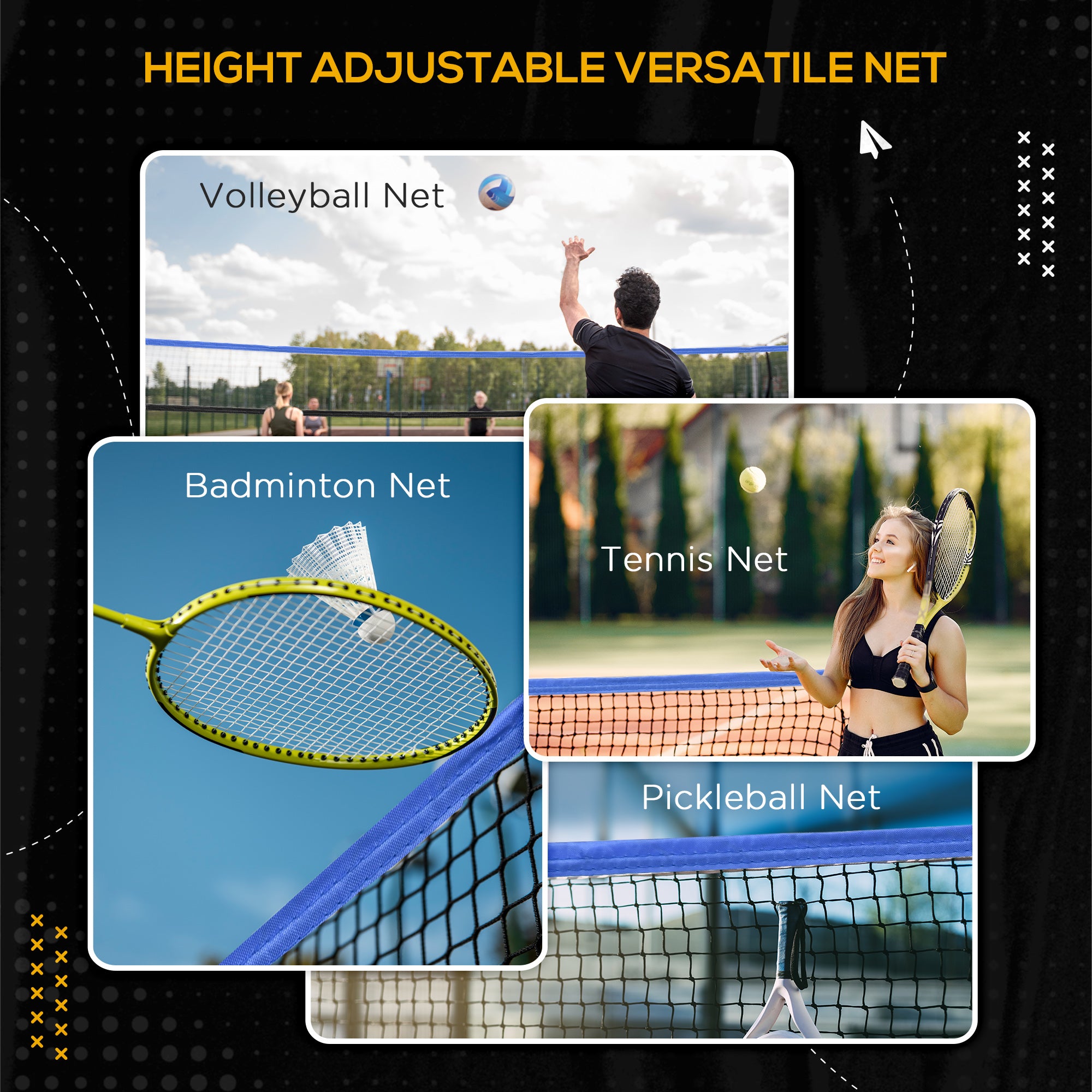 Soozier 10ft Badminton Net, Height Adjustable Outdoor Sports Net with Carry Bag, for Tennis, Pickleball and Volleyball, Yellow