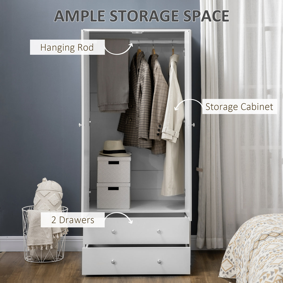 Armoire Wardrobe Closet with 2 Drawers, 71" Tall Wardrobe Cabinet with Hanging Rod, 2 Door Bedroom Armoires, Modern Clothing Storage Cabinet for Bedroom, White