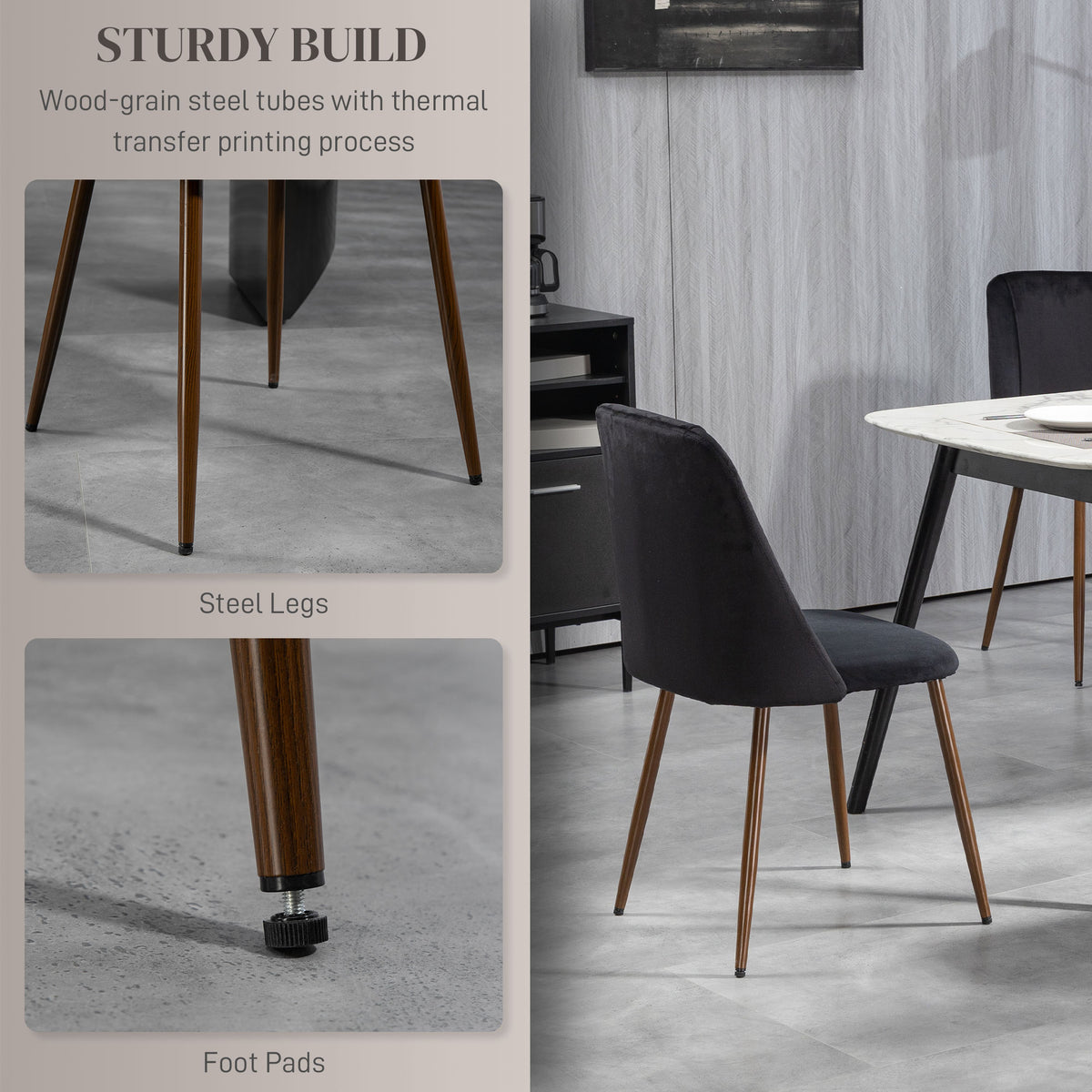Upholstered Dining Chairs Set of 4, Velvet Accent Chair with Back and Wood-grain Steel Leg for Kitchen, Grey