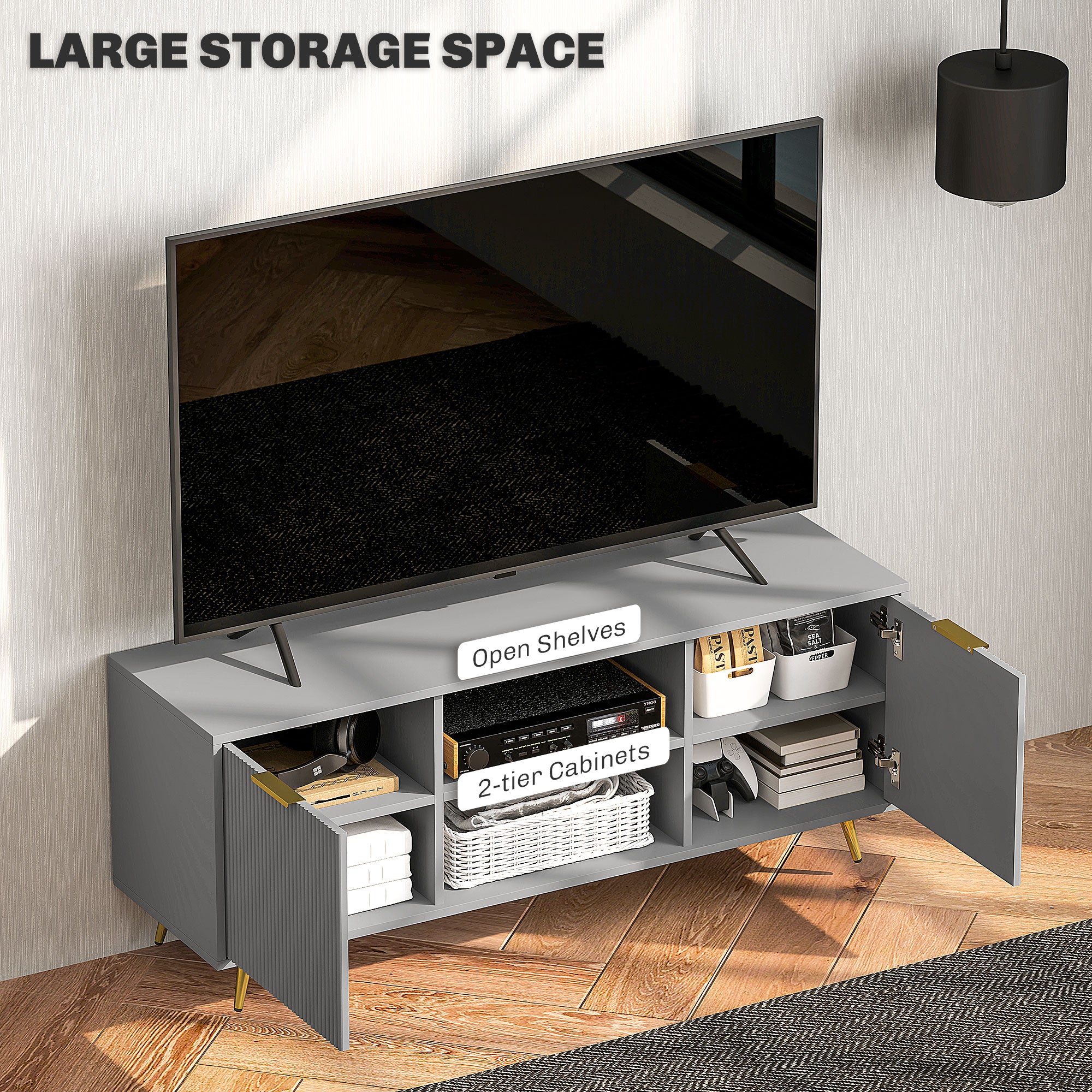 TV Stand with Storage for 55 Inch TV, Modern TV Cabinet with 2 Open Shelves and 2 Cabinets for Living Room, White