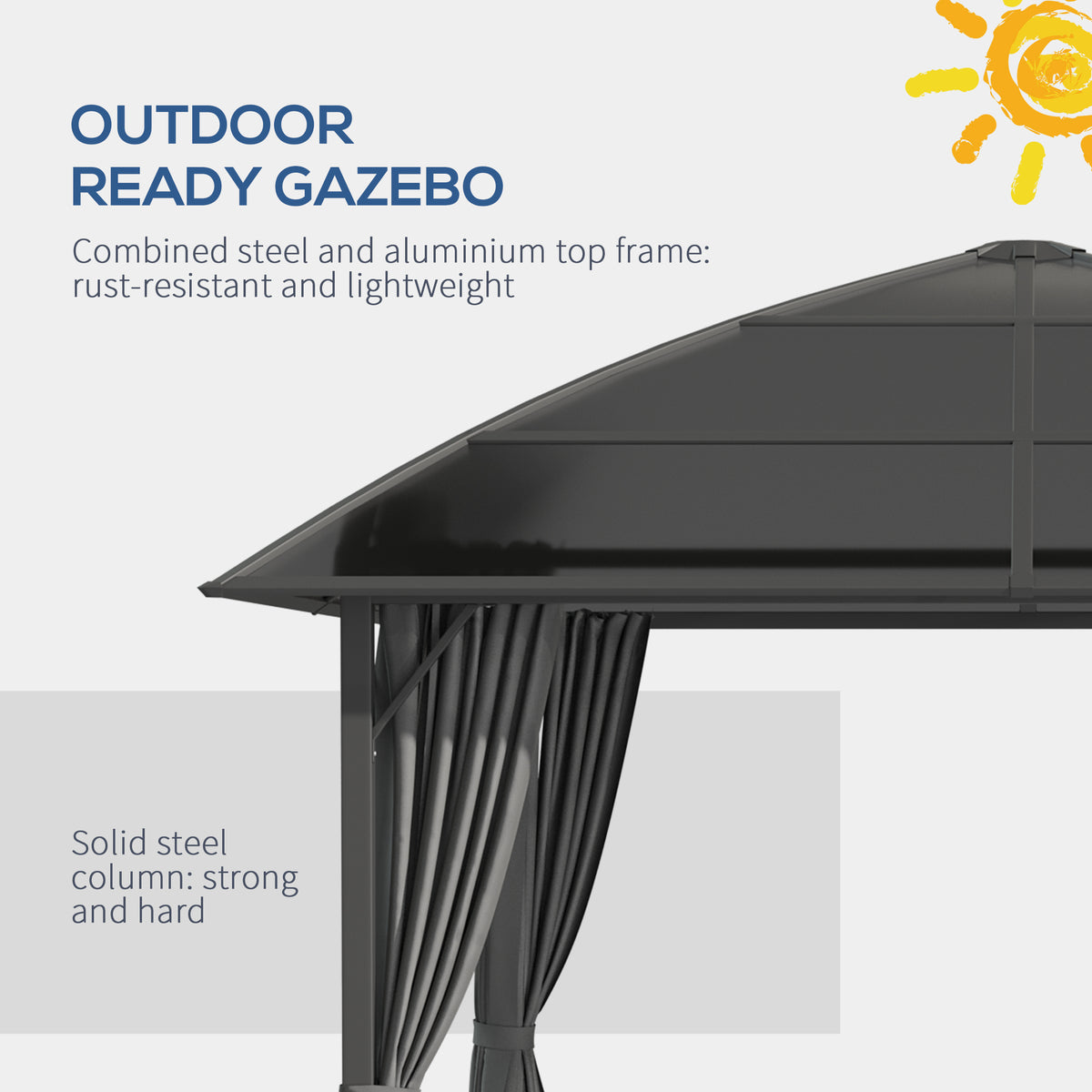 10' x 10' Hardtop Gazebo, Outdoor Gazebo Canopy with UV60+ Polycarbonate Roof, Curtains, Central Hook and Steel Frame for Garden, Lawn, Backyard, Deck, Dark Grey