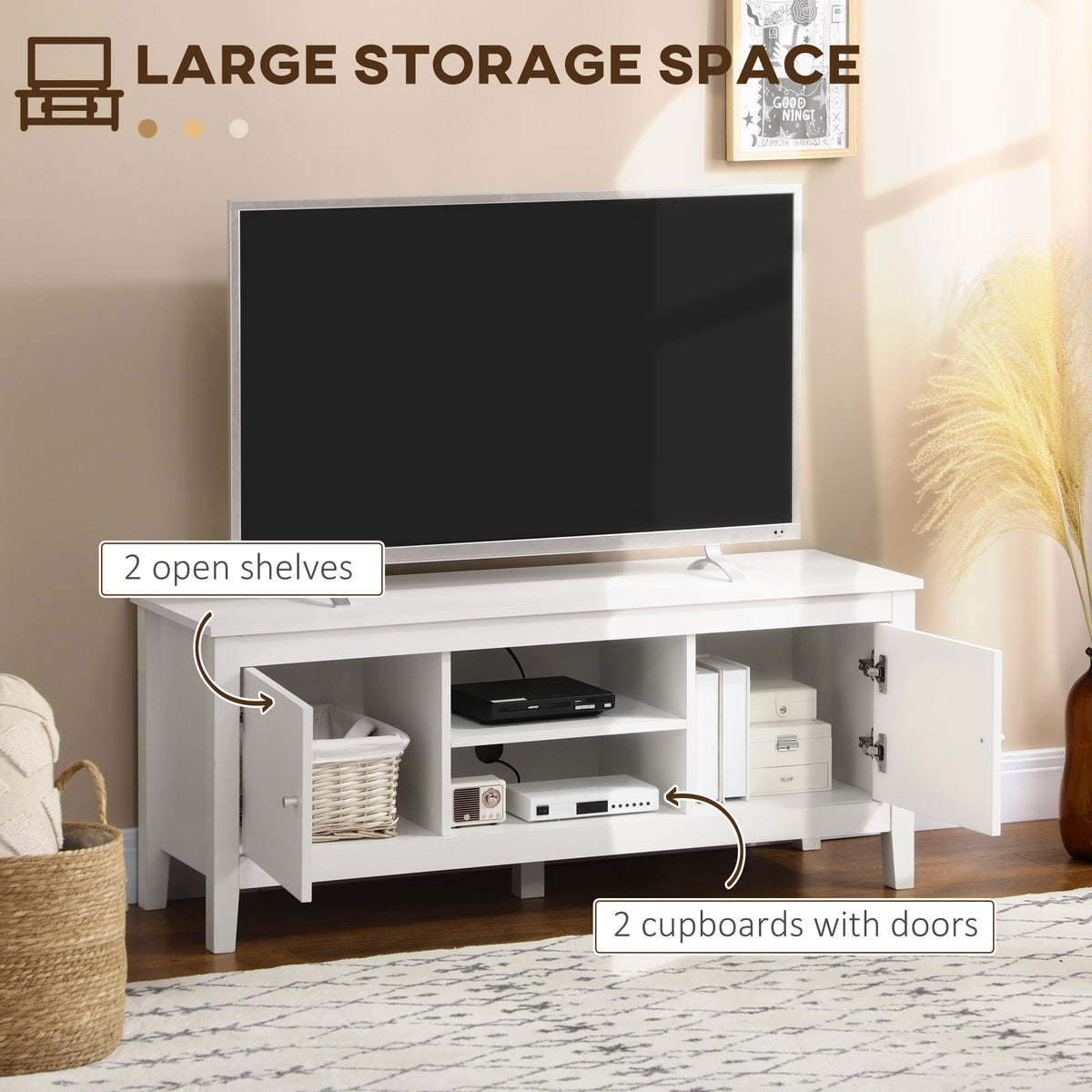 ናይ ዘመናዊ ቲቪ መቐመጢ ንቲቪ ክሳብ 55"፣ ቲቪ ቤንች ምስ መዕቆቢ ካብነትን መደርደሪን፣ 47.2" x 16.7" x 19.7"፣ ጻዕዳ
