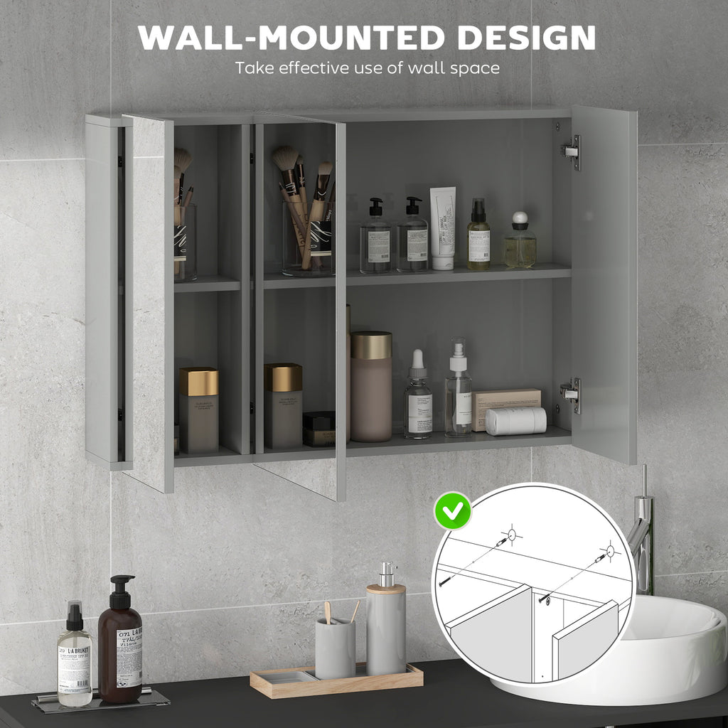 28" x 24" Wall Mounted Mirror Cabinet, Bathroom Medicine Cabinet with Mirror, 3 Doors and Adjustable Shelves, White