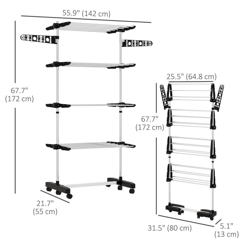 Garment Drying Rack Stainless Steel Folding Clothes Hanging Rack with Side Wings Castors for Indoor Outdoor White