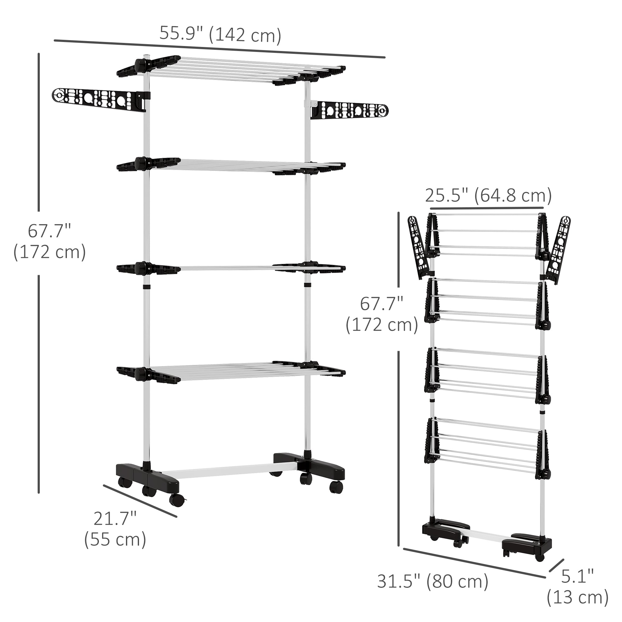 Garment Drying Rack Stainless Steel Folding Clothes Hanging Rack with Side Wings Castors for Indoor Outdoor White