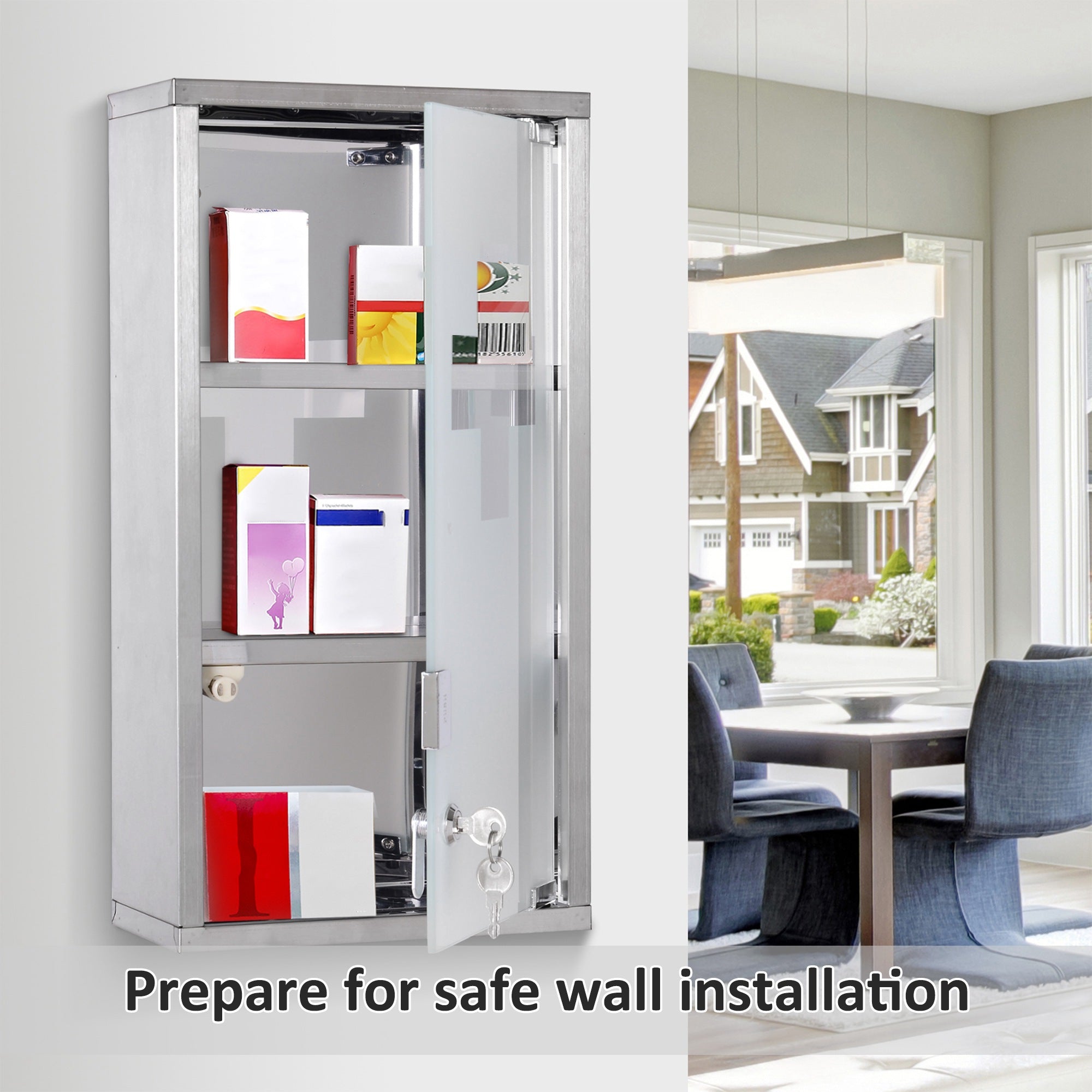 Wall Mount Medicine Cabinet Bathroom Cabinet with 2 Shelves, Stainless Steel Frame and Glass Door, Lockable with 2 Keys