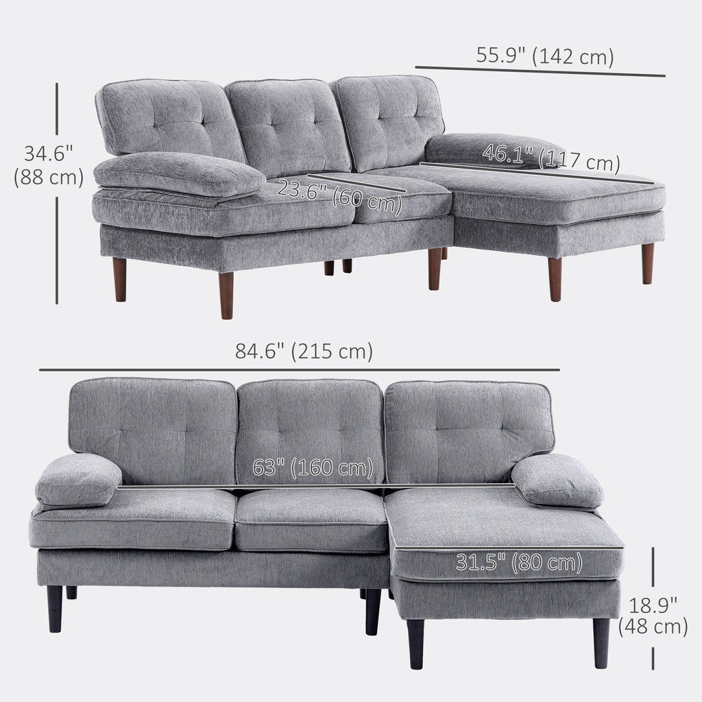 Modern Corner Couch with Right Chaise Lounge, Tufted 3-Seater Sofa with Wooden Legs for Living Room, Grey
