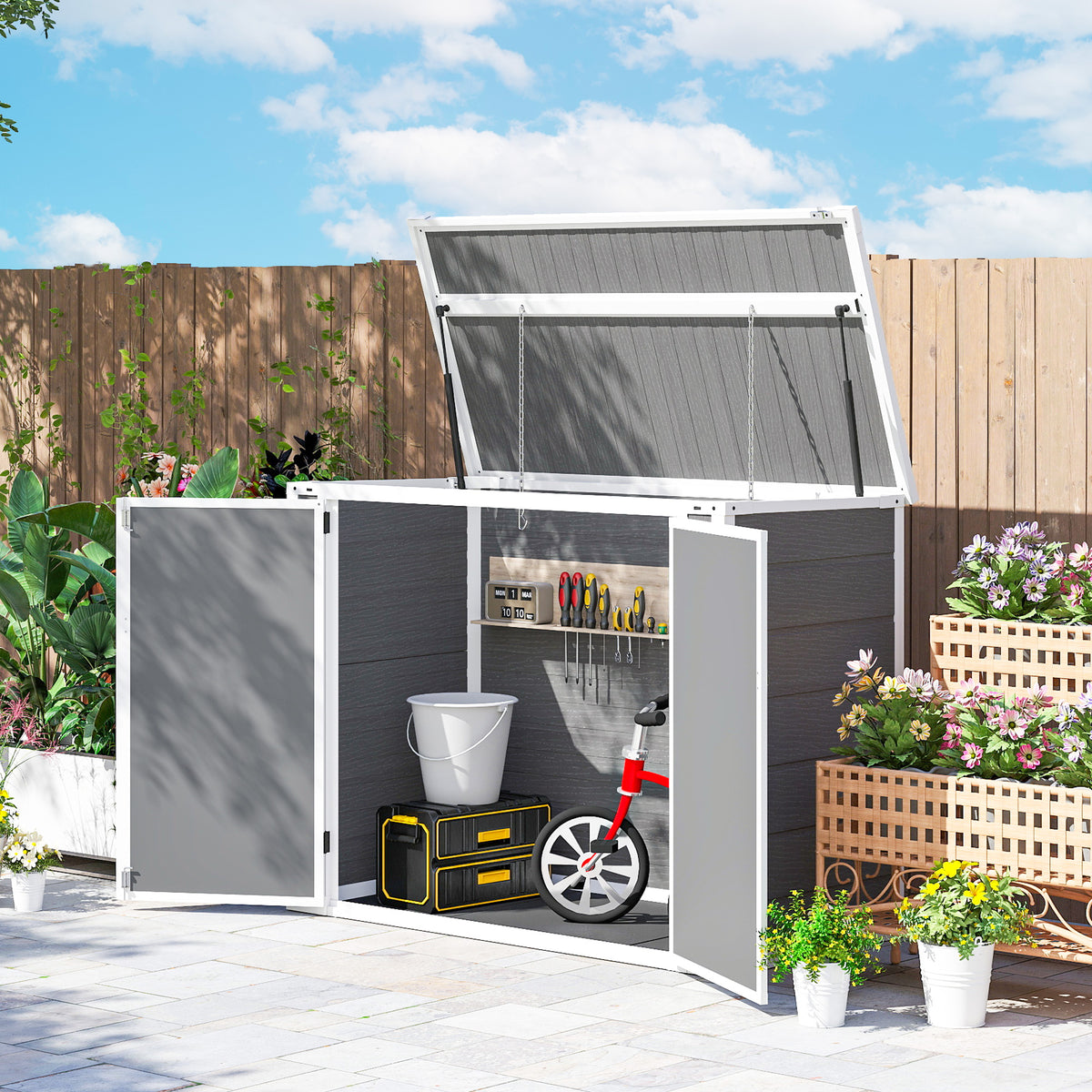 41 Cu. Ft. Outdoor Storage Shed, Outdoor Horizontal Trash Can Storage with Chain Lid, Lockable Storage Box, Grey