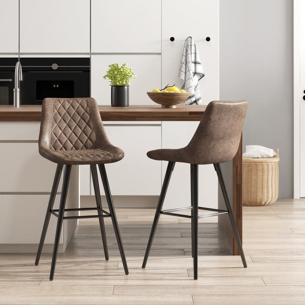 PU Leather Counter Height Bar Chairs Set of 2, 27.75" Bar Stools with Metal Legs for Dining Area, Kitchen Island, Brown