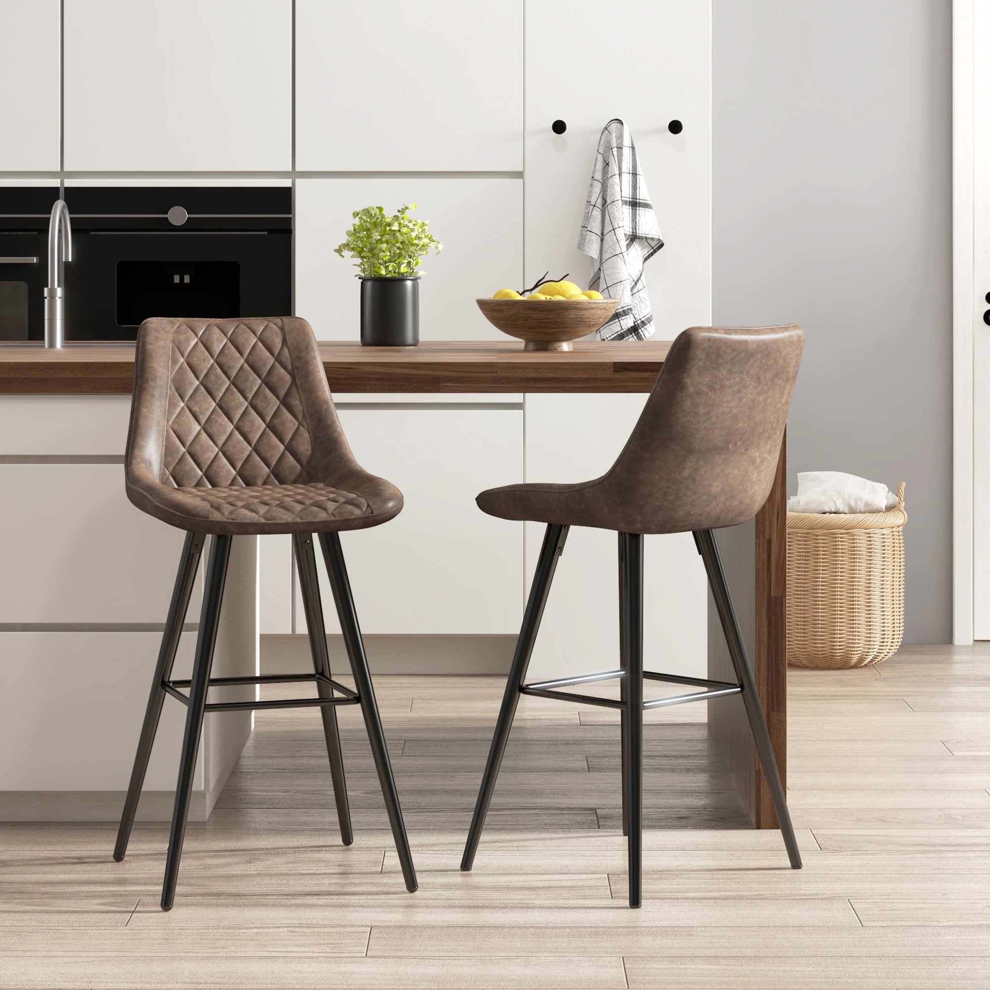 PU Leather Counter Height Bar Chairs Set of 2, 27.75" Bar Stools with Metal Legs for Dining Area, Kitchen Island, Brown