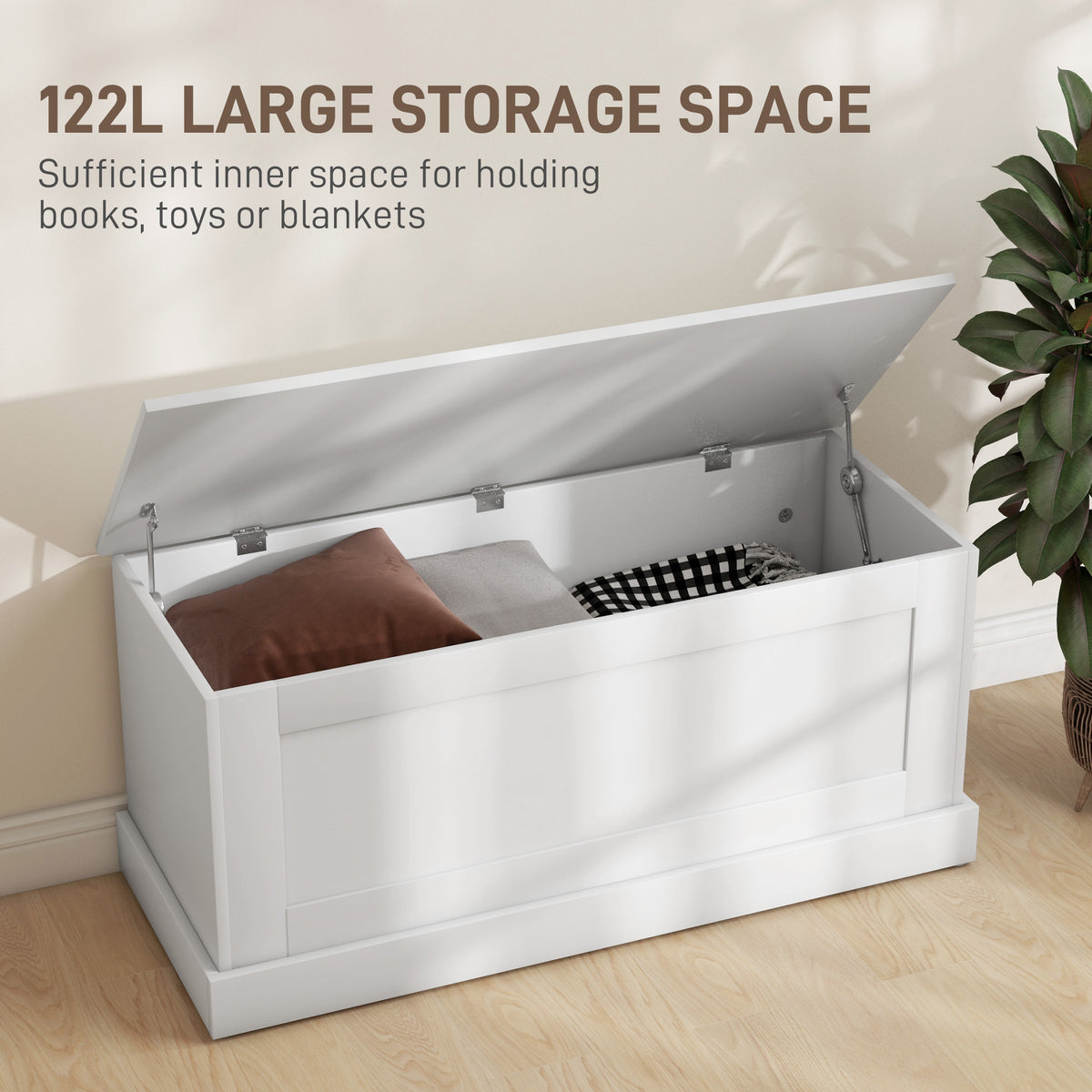 31.5 Inches Storage Chest, Storage Trunk with Safety Hinge, Wooden Box for Living Room, White Wood Grain