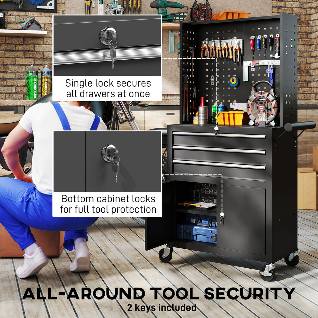 Rolling Tool Cabinet with Pegboard, Lockable Tool Chest, Mobile Tool Storage Organizer for Garage and Workshop, Black