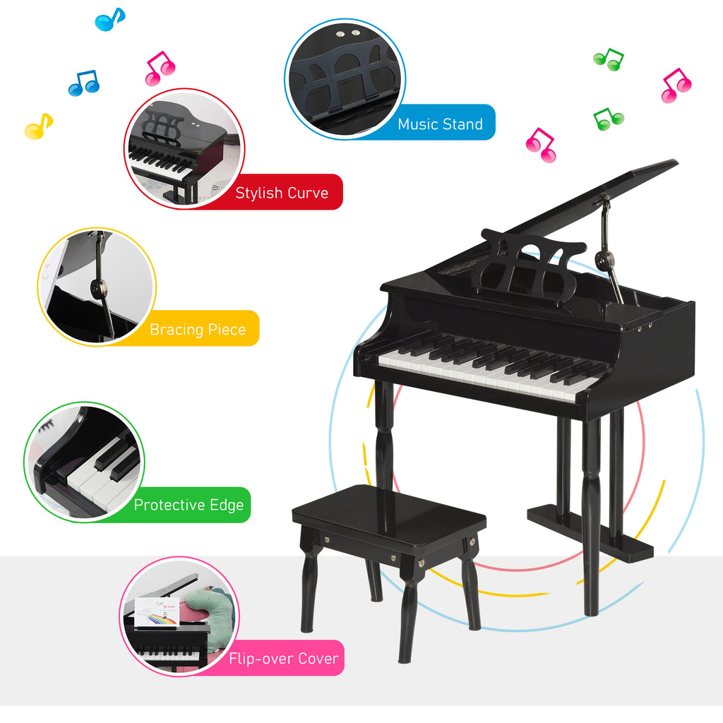 Modern Kids Piano, 30 Keys, Set of 2, Mini Toy for Child, Grand Piano with Music Stand and Bench, Ideal Gift, Black