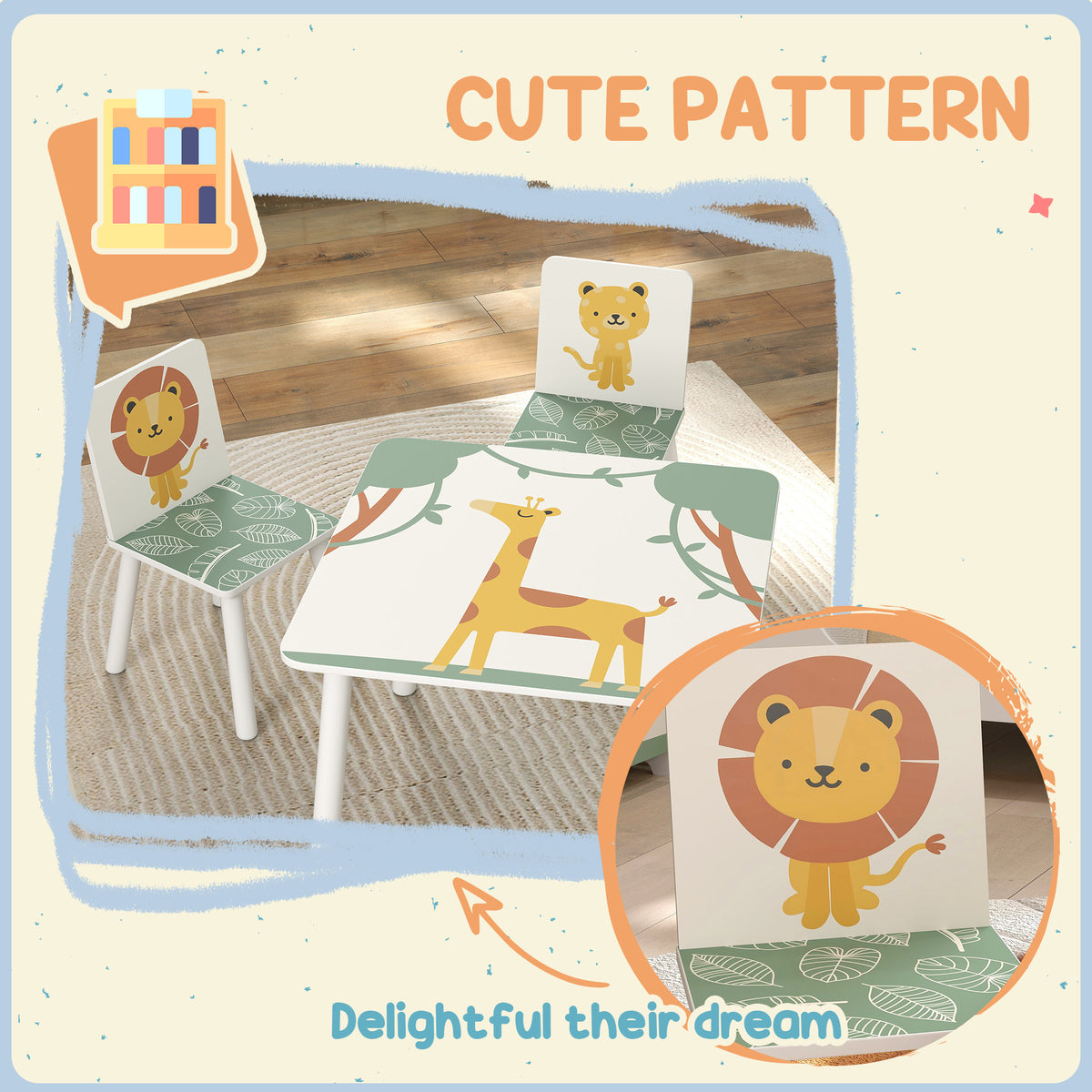 Qaba 3-Piece Kids Table and Chair Set with Animal Pattern for Boys and Girls Aged 3-8, Bedroom, Nursery, Playroom, Green