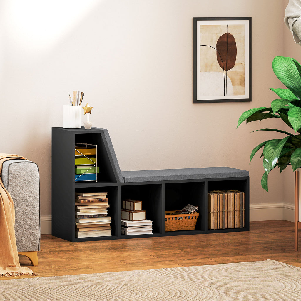 Multi-Purpose Bookshelf with 5 Cubes, 5-Cubby Bookcase with Cushioned Reading Nook and Storage Shelves, Distressed Black