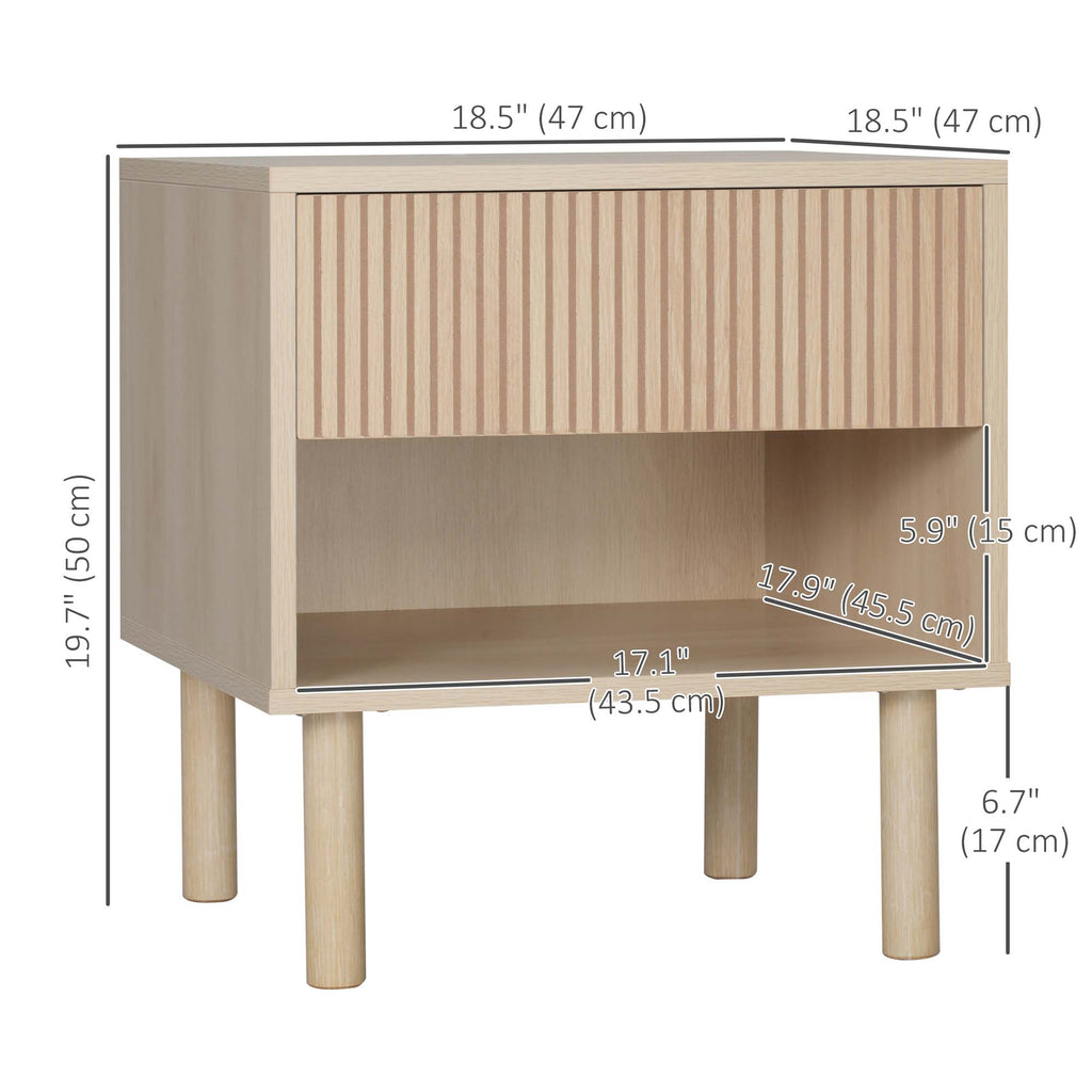 طقم طاولات سرير جانبية من قطعتين، طاولة جانبية مع رف تخزين ودرج لغرفة المعيشة وغرفة النوم، خشب طبيعي