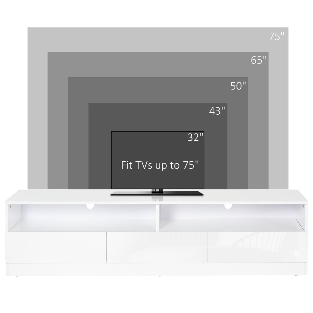 LED ብርሃን ዘለዎ ቲቪ ስታንድ ክሳብ 75" ቲቪ ዝድግፍ፣ ዘመናዊ ቲቪ ካቢኔት ምስ መደርደሪ መሳልብ ንእንዳ መዕበዪ፣ ልዑል ግላይ ጻዕዳ