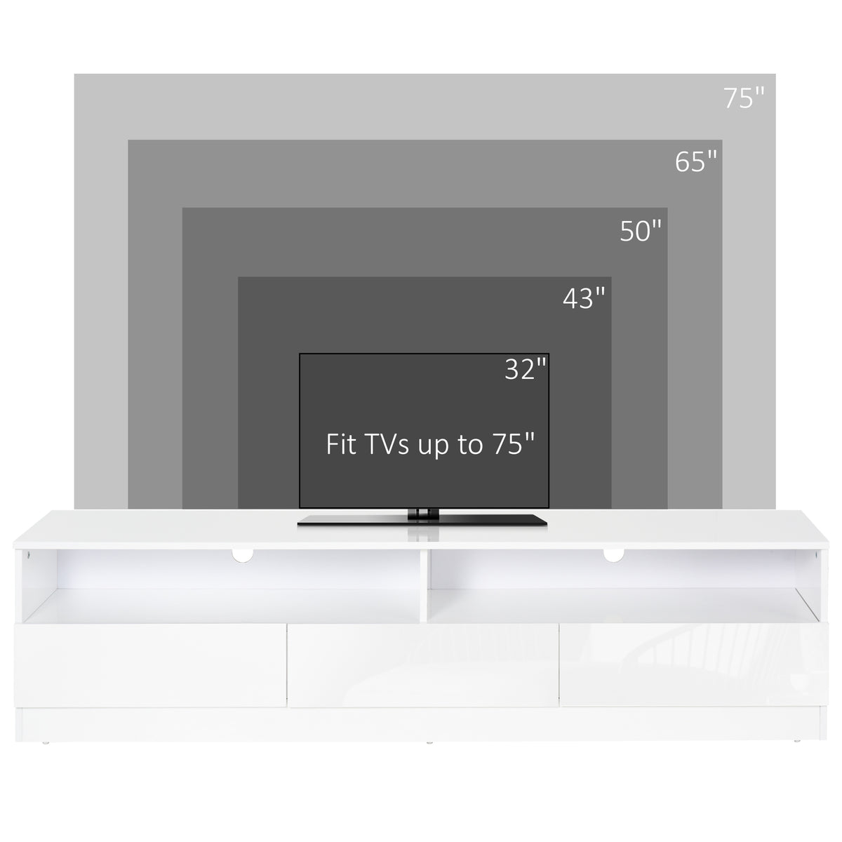 LED ብርሃን ዘለዎ ቲቪ ስታንድ ክሳብ 75" ቲቪ ዝድግፍ፣ ዘመናዊ ቲቪ ካቢኔት ምስ መደርደሪ መሳልብ ንእንዳ መዕበዪ፣ ልዑል ግላይ ጻዕዳ
