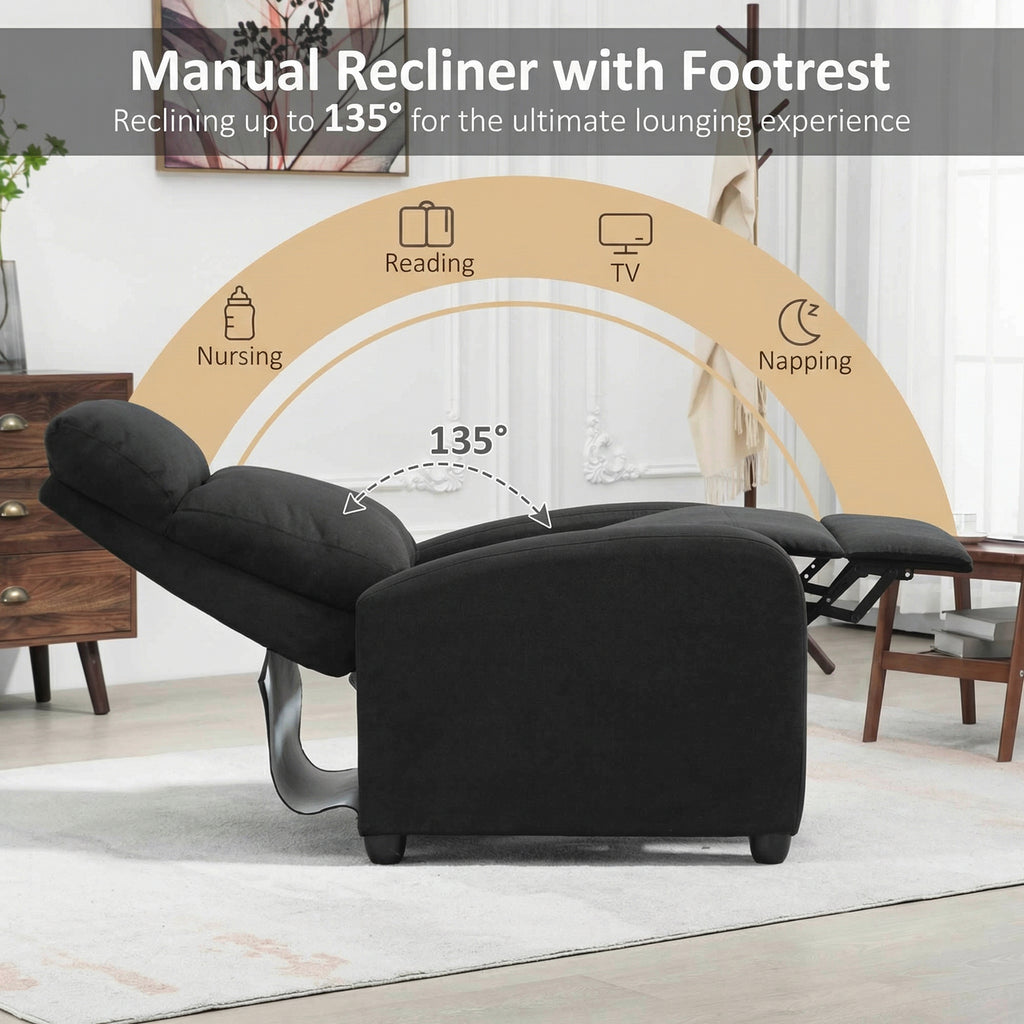 Single Recliner Sofa, Manual Home Theater Seating, Single Reclining Sofa Chair with Padded Seat for Living Room, Black