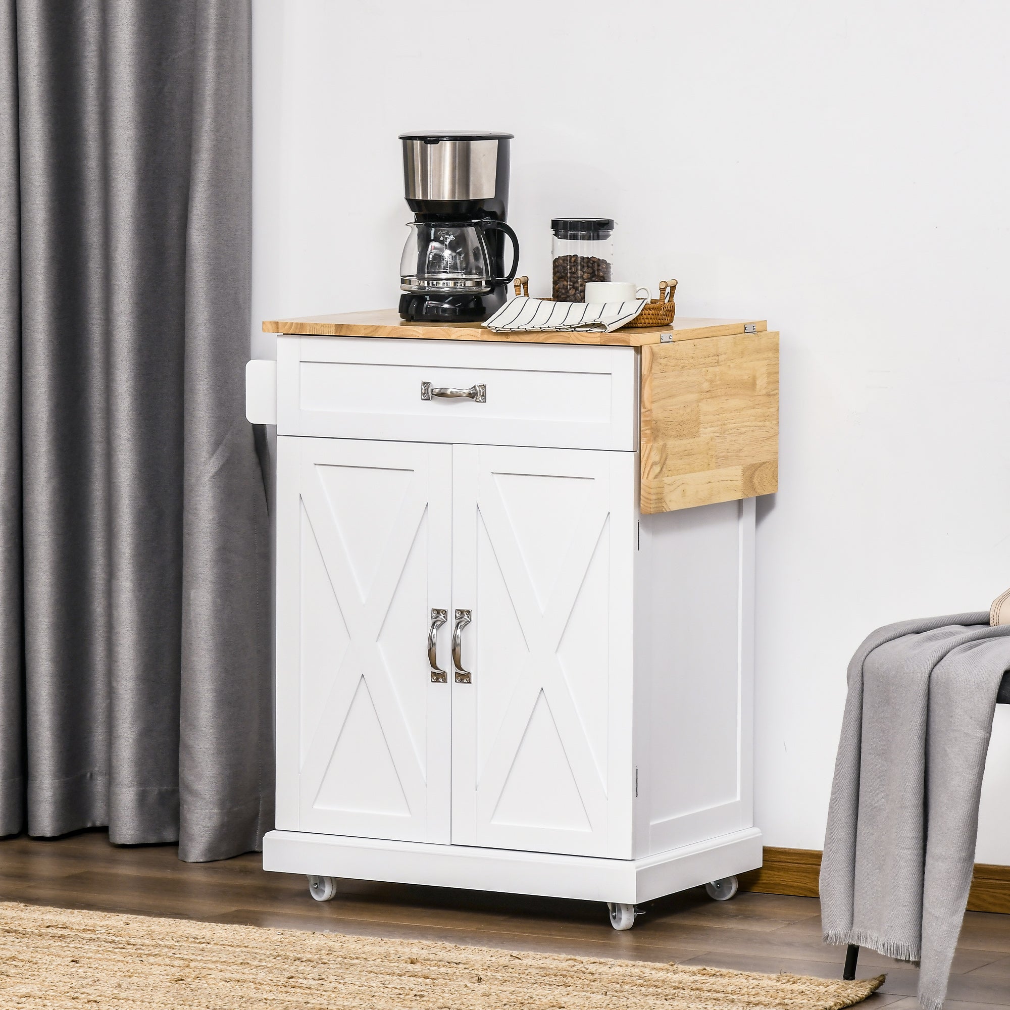 Foldable Kitchen Island with Storage Drawer, Farmhouse Style Rolling Utility Cart, Coffee Bar Cabinet on Wheels with Drop-Leaf Wood Top, White