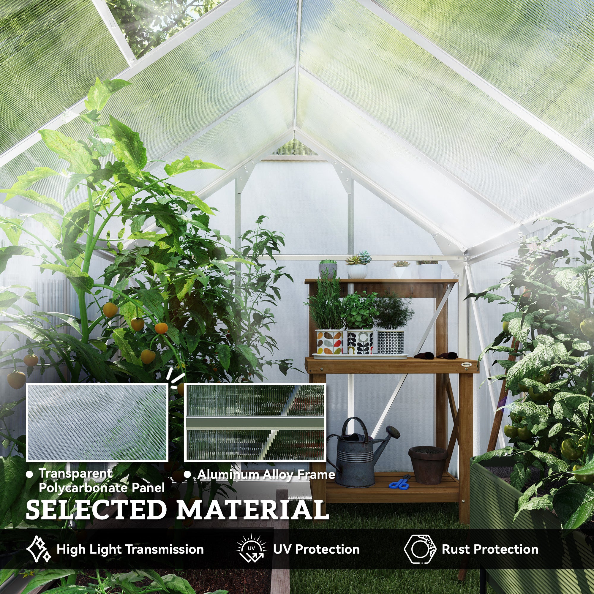 6' x 4' x 6.6' Polycarbonate Greenhouse, Walk-In Green House Kit Garden, Plants Grow, Galvanized Sheet Aluminum Frame with Rain Gutter, Vent and Sliding Door, Silver