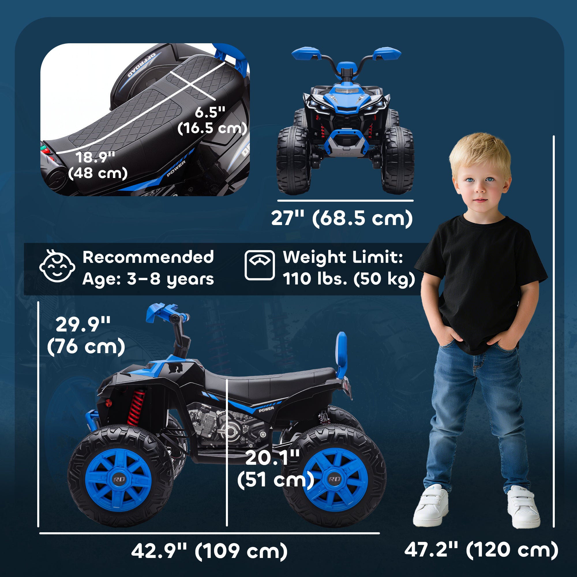Qaba 2-Seater All-Terrain 4 Wheeler, 24V Kids ATV Ride-On, Electric Quad Car with Dual Motor, for Boys and Girls, Blue