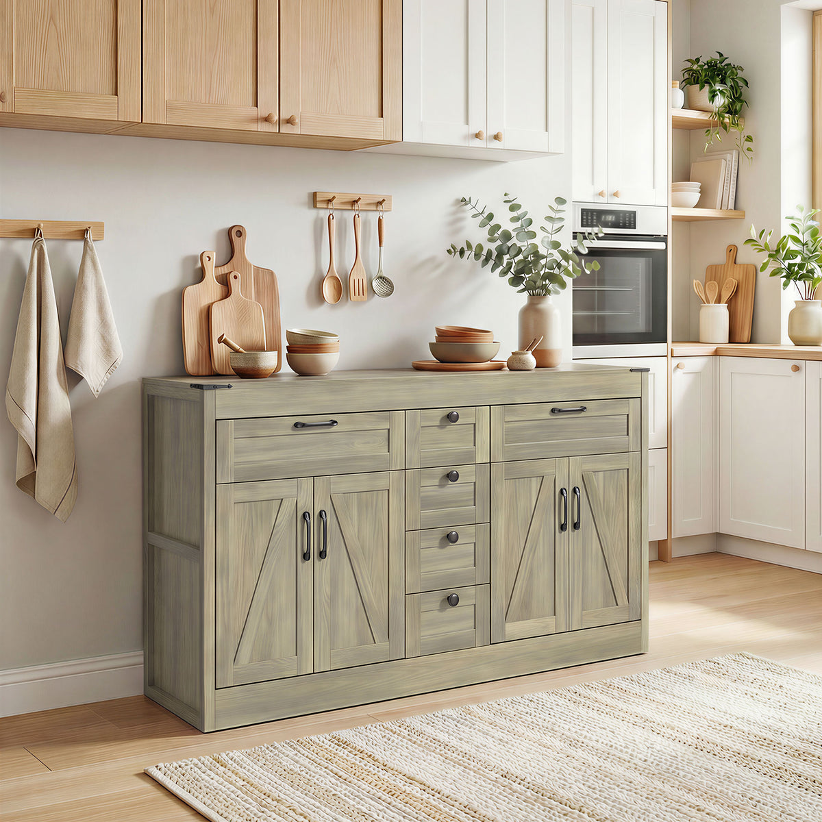 Sideboard Buffet Cabinet, 55" Farmhouse Kitchen Cabinet with 4 Barn Doors, 6 Drawers and 2 Adjustable Shelves, White