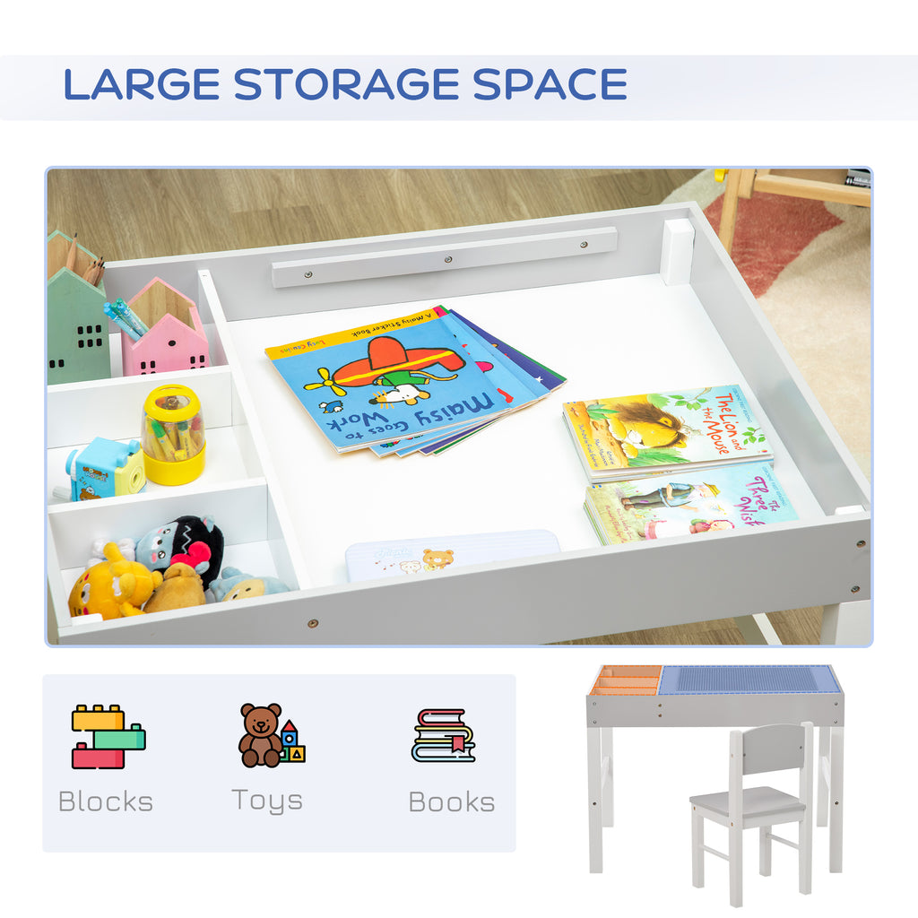 Qaba Lego Table with Storage for Kids, Multi-Usage Kids Table and Chair Set with Building Blocks Desktop, Grey