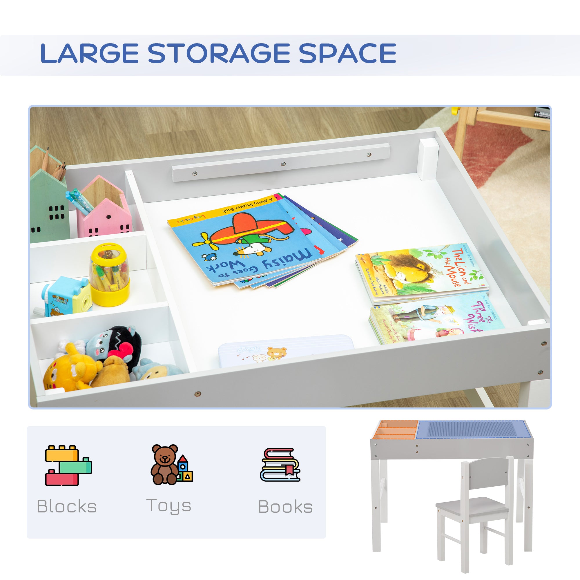 Qaba Lego Table with Storage for Kids, Multi-Usage Kids Table and Chair Set with Building Blocks Desktop, Grey