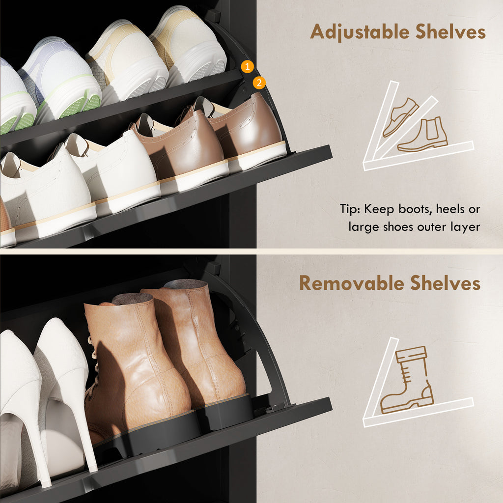 Shoe Storage Cabinet with 2 Flip Drawers and Adjustable Shelves for 6-12 Pairs of Shoes, White