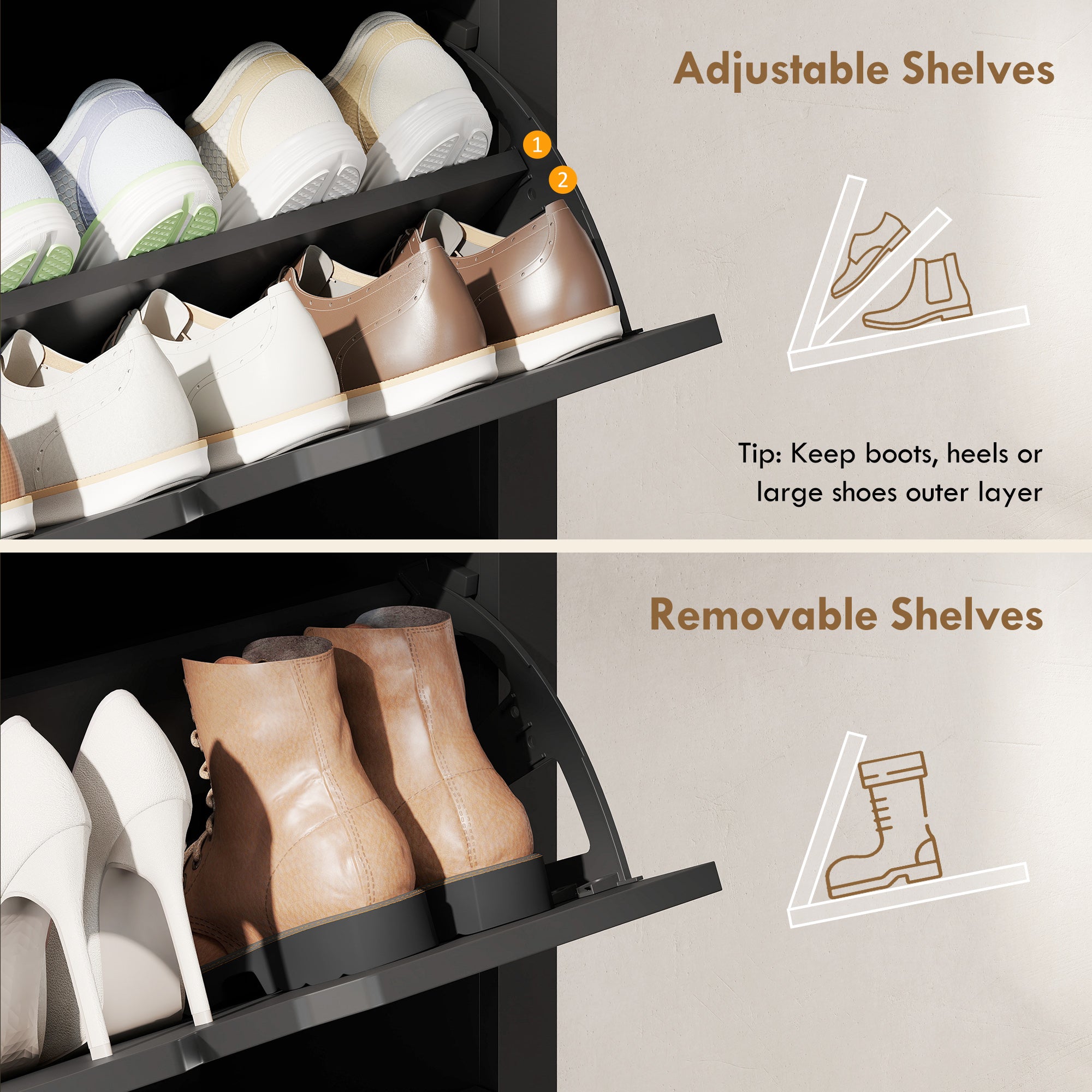 Shoe Storage Cabinet with 2 Flip Drawers and Adjustable Shelves for 6-12 Pairs of Shoes, White