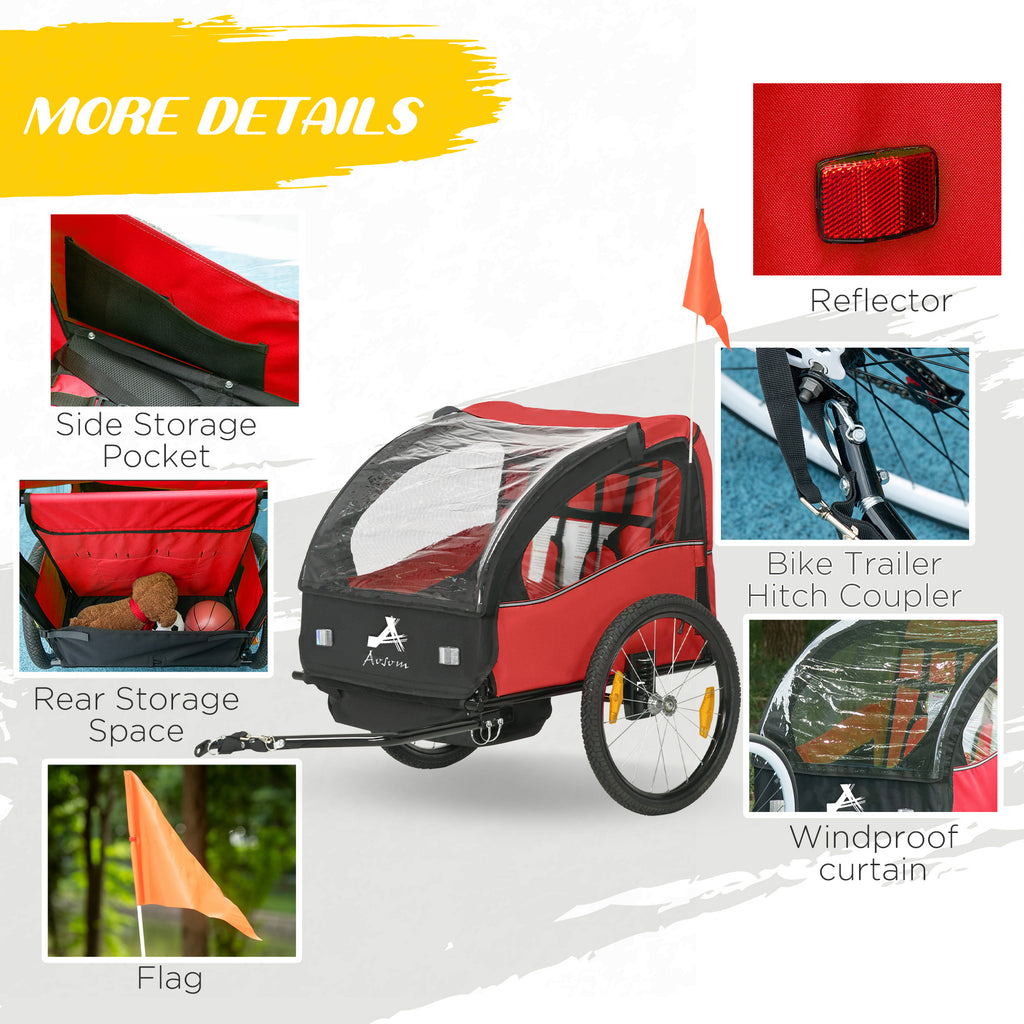 Aosom 2 Seat Bike Trailer for Kids, Baby Stroller with Storage Bag, 5 Point Harness, Bicycle Trailer with 20" Wheels, Green