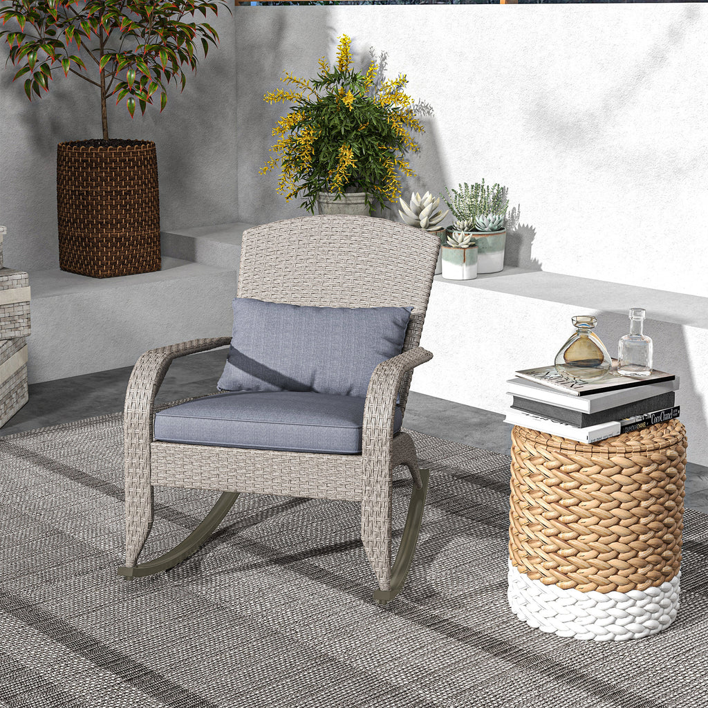Adirondack Chair, Outdoor Wicker Rocking Chair with High Back, Seat Cushion and Pillow for Porch, Balcony, Grey/Yellow