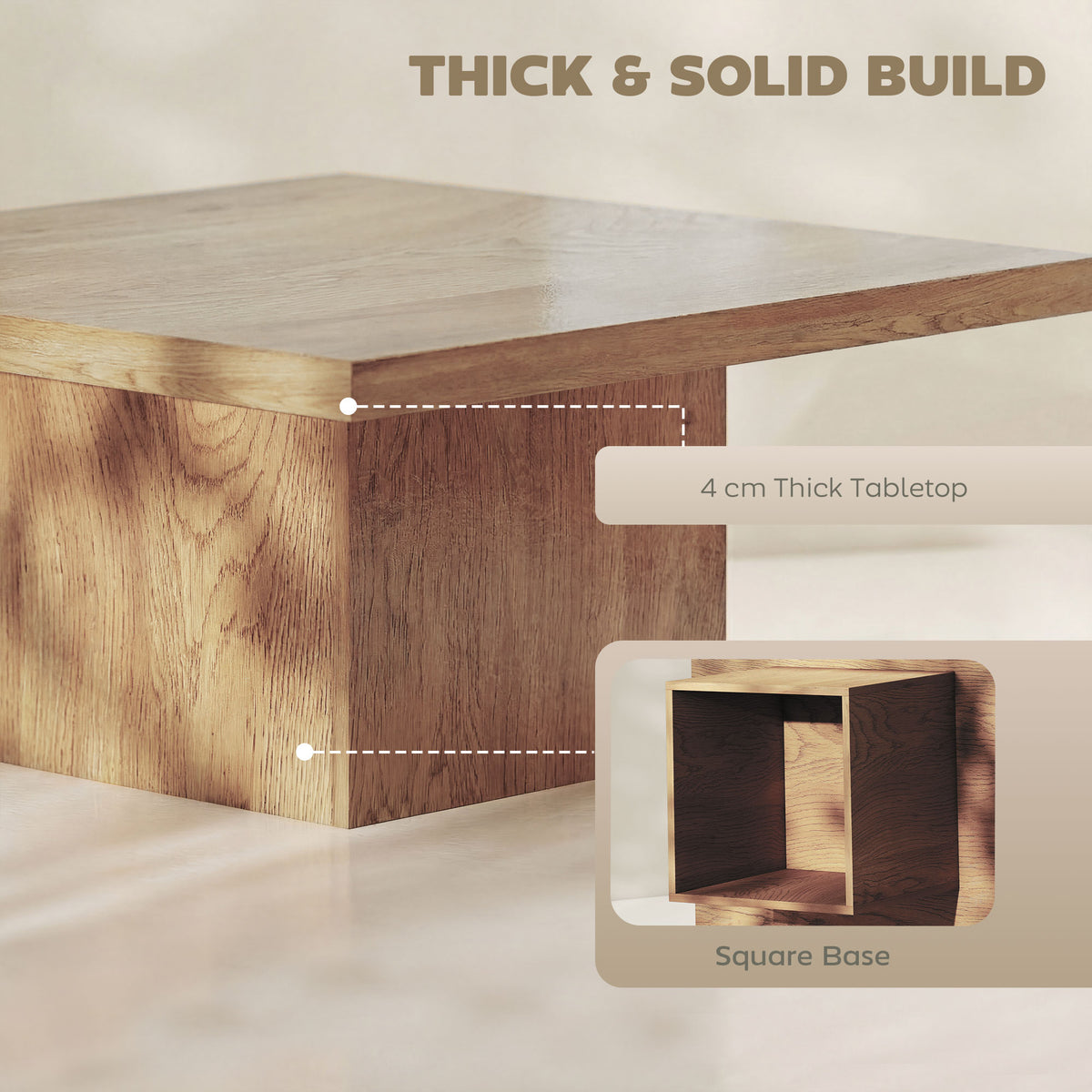 Square Coffee Table, Center Table with 1.6" Thick Tabletop, Natural Wood
