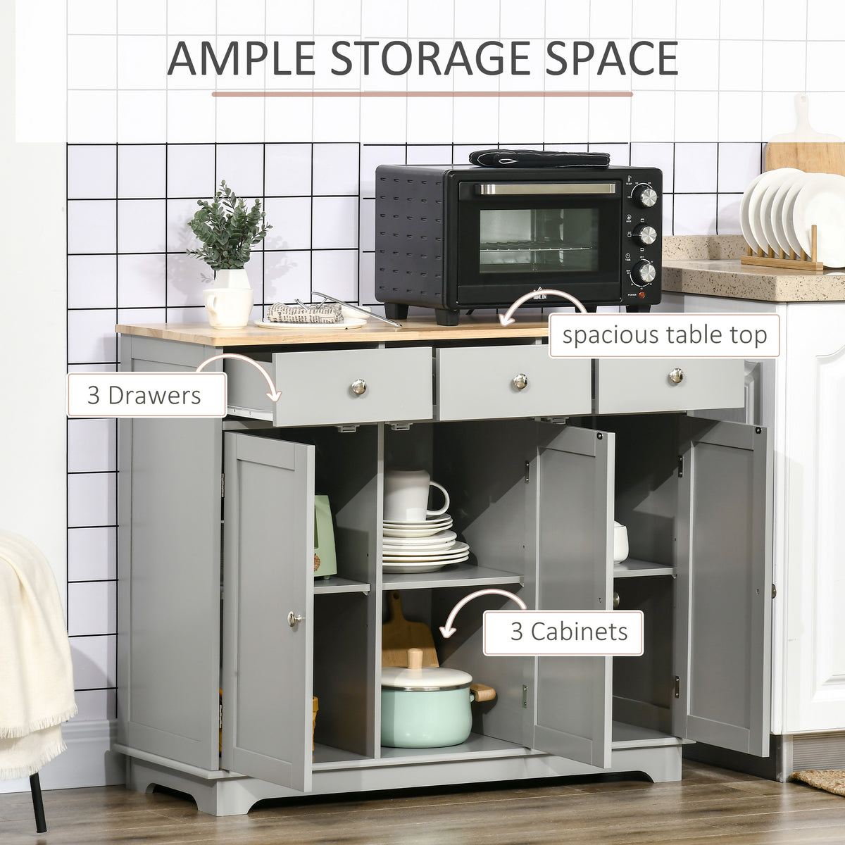 Modern Sideboard, Buffet Cabinet with Storage Cabinets, Drawers and Adjustable Shelves for Living Room, White