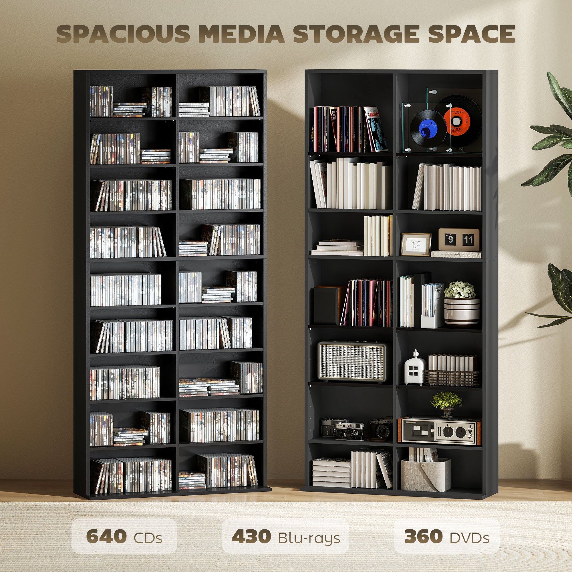 9-Tier DVD Shelf with 18 Compartments and 14 Adjustable Shelves, Holds 640 CDs, 360 DVDs or 430 Blu-rays, White