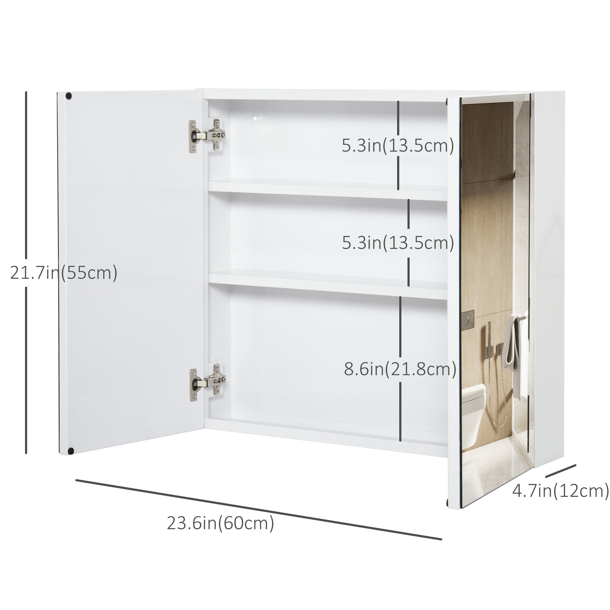 Wall Mounted Mirror Cabinet, Bathroom Medicine Cabinet with Mirror, 2 Doors and 3-tier Shelving, White