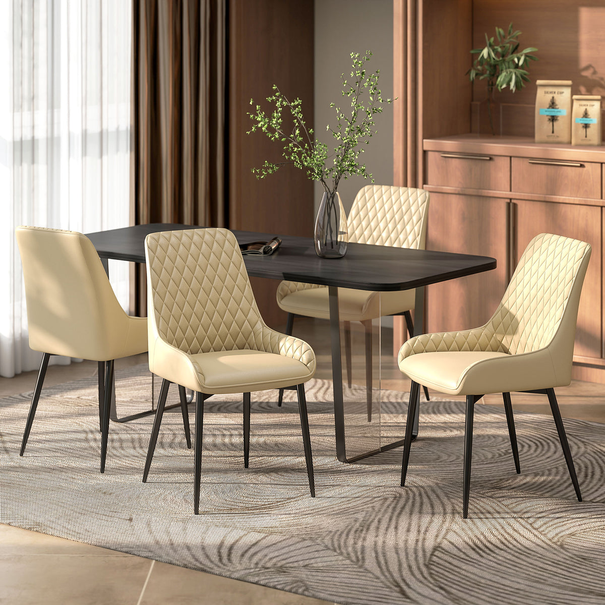 Upholstered Kitchen Chairs, Modern Dining Chairs Set of 2 with Diamond Tufting and Steel Legs for Dining Room, Khaki