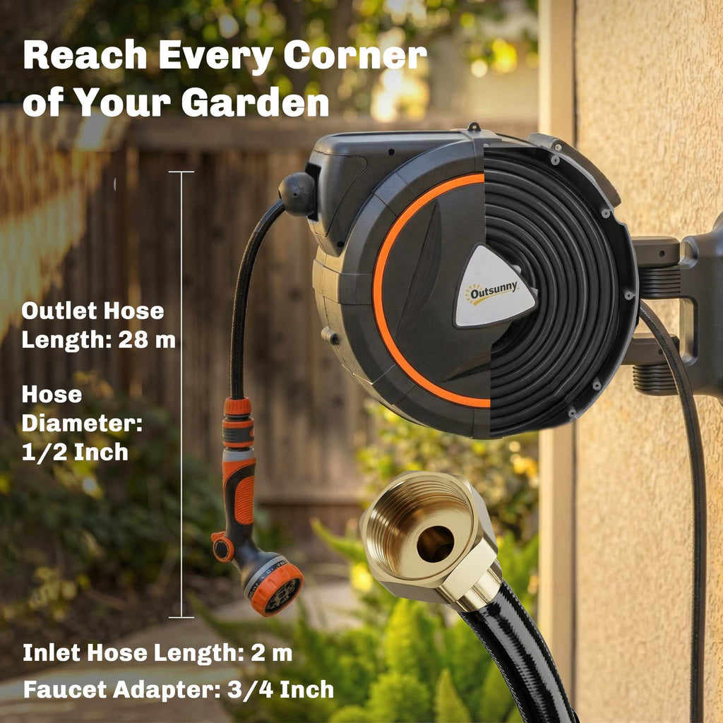 Retractable Garden Hose Reel, 1/2" x 59ft Wall Mounted Hose Reel with 12-Pattern Nozzles, Auto Retraction, Self-Locking