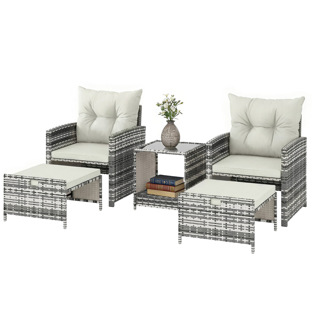 5 Piece Patio Furniture Set, Wicker Patio Chairs with Ottomans, 2-Tier Glass Coffee Table and Cushions, Brown/Cream