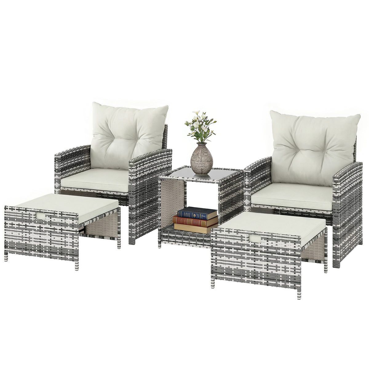 5 Piece Patio Furniture Set, Wicker Patio Chairs with Ottomans, 2-Tier Glass Coffee Table and Cushions, Brown/Cream