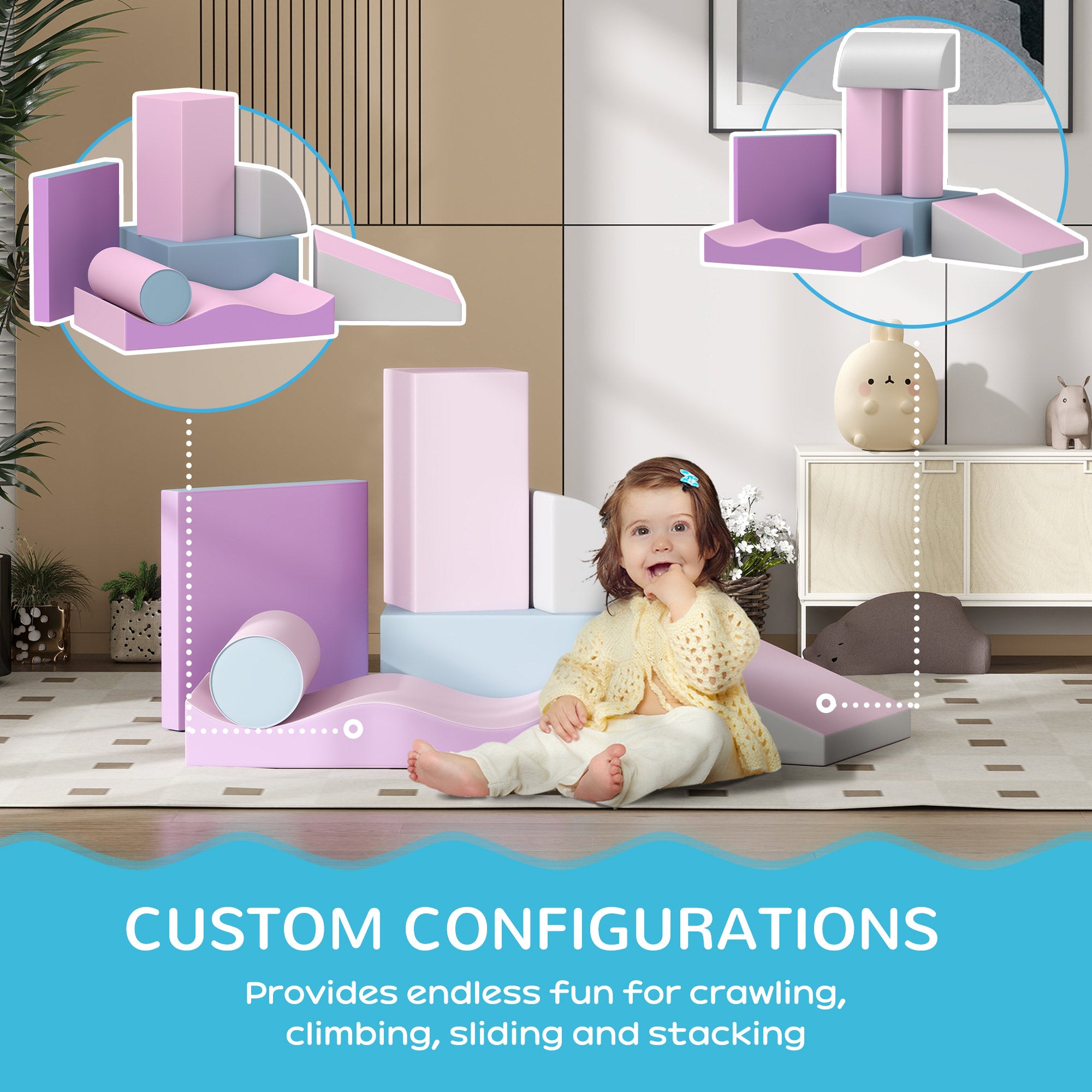 Soozier 7 Pieces Soft Play Foam Climbing Blocks, Indoor Modular Kids Play Toys for Climbing, Crawling, Sliding, Light Colour