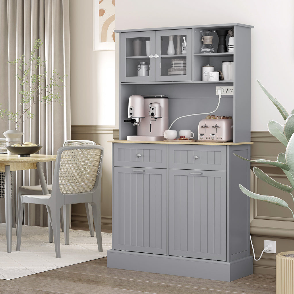 Kitchen Cabinet with Charging Station, 2 Tilt Out Cabinets, Microwave Stand, Freestanding Kitchen Pantry Cabinet, White