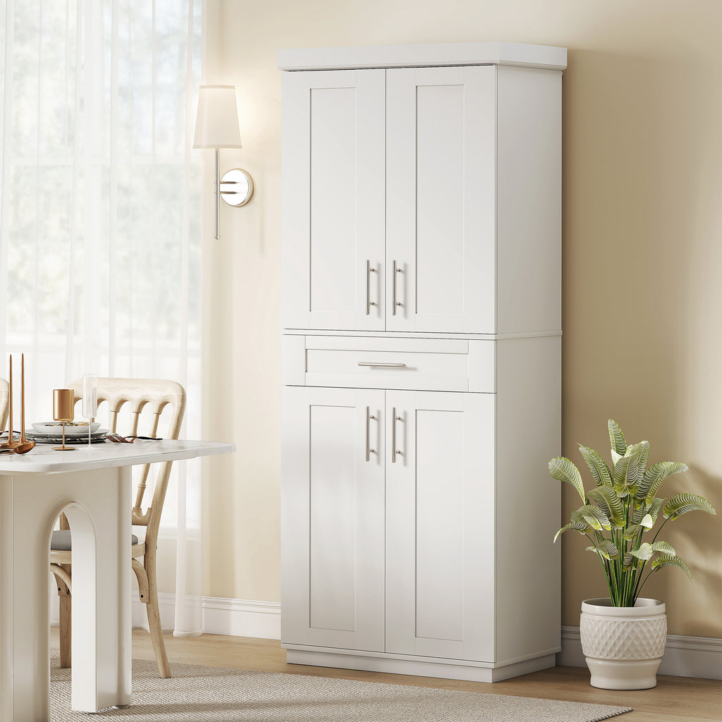 72" Storage Cabinet, Freestanding Kitchen Pantry Cabinet with 4 Doors, Drawer and 3 Adjustable Shelves, White