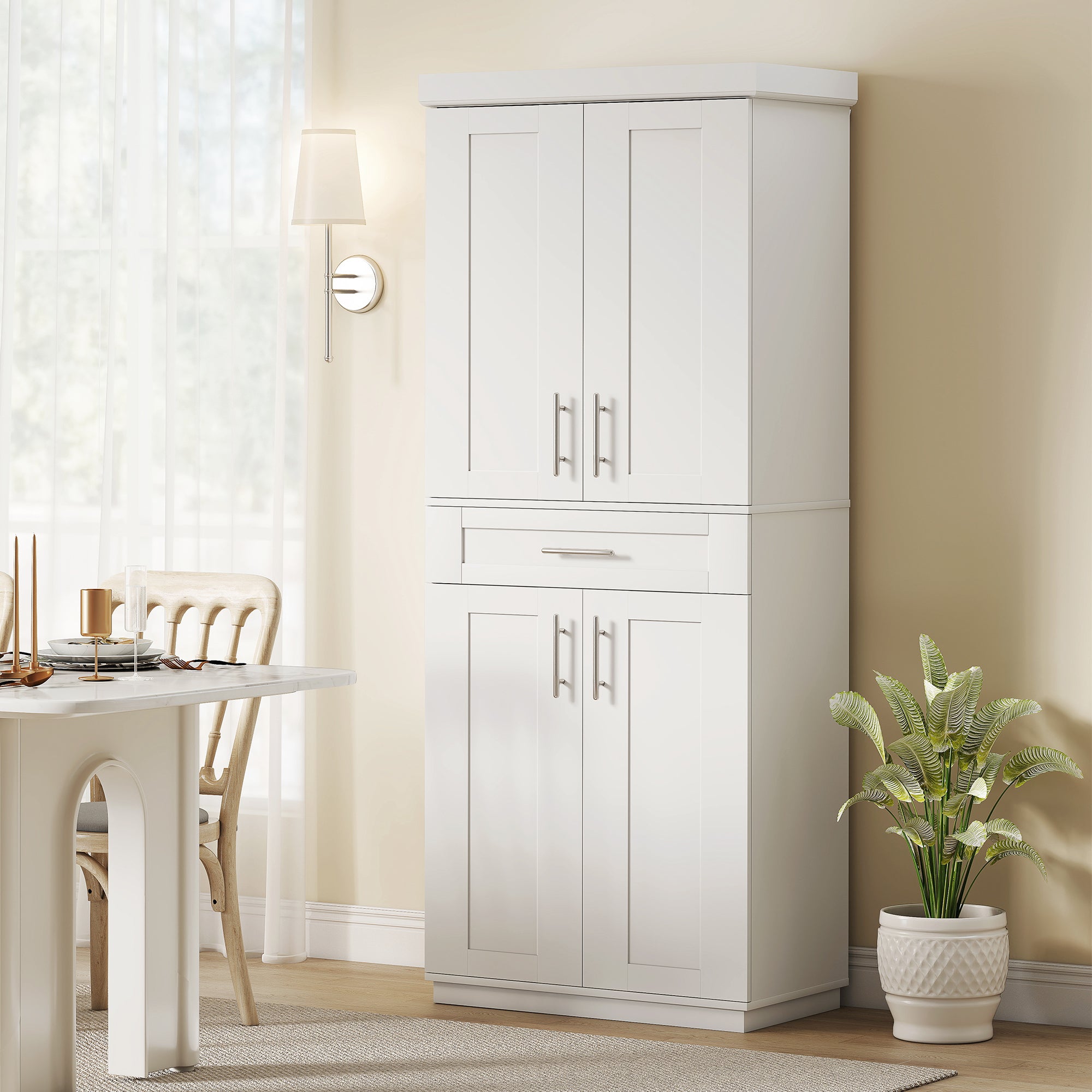 72" Storage Cabinet, Freestanding Kitchen Pantry Cabinet with 4 Doors, Drawer and 3 Adjustable Shelves, White