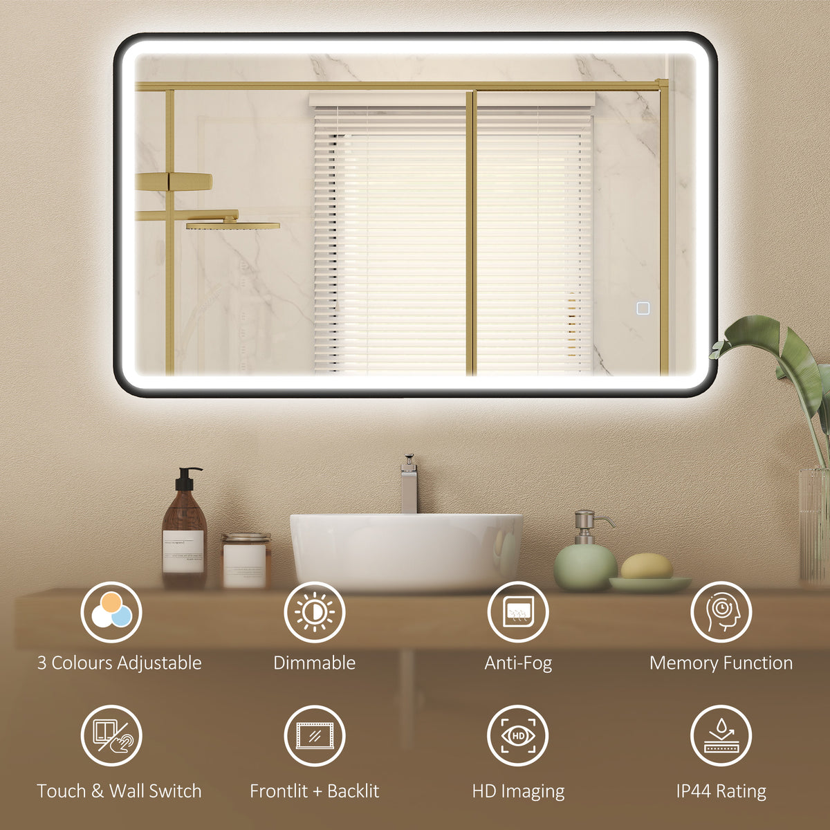 40" x 24" Bath Mirror with LED Lights, Wall Mounted Restroom Mirror, 3 Colours, Dimmable, Horizontal/Vertical, Black